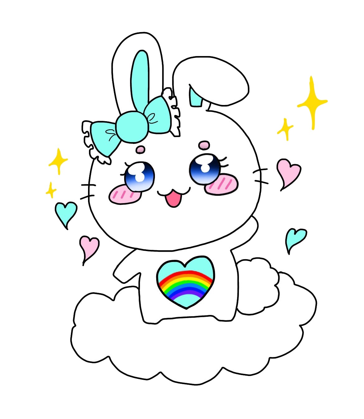 虹のハートを胸につけた、うさぎのキャラクターイラスト
